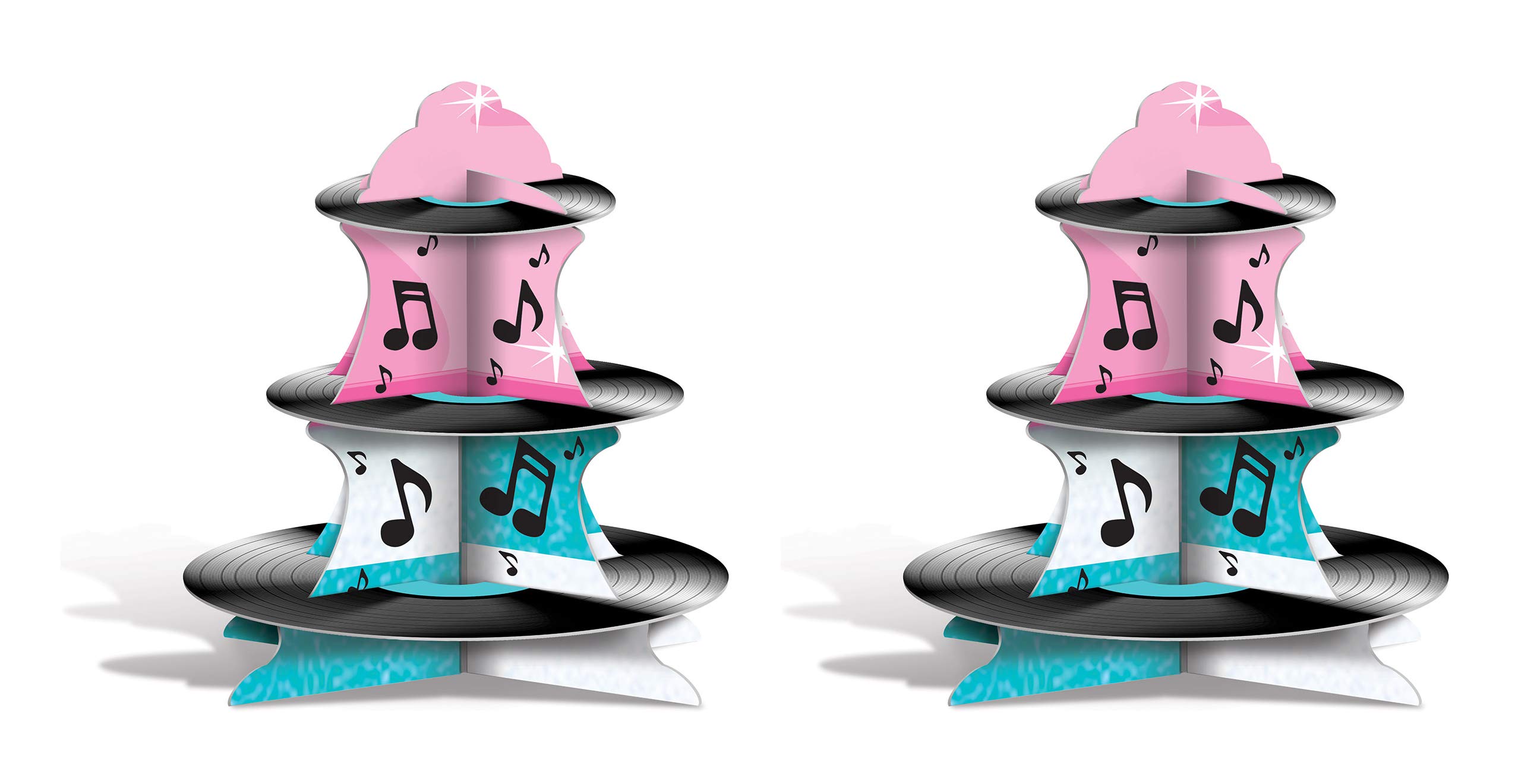 Beistle 54945, 2 Piece Rock and Roll Record Cupcake Stand, 13.5", Paper, Multicolor