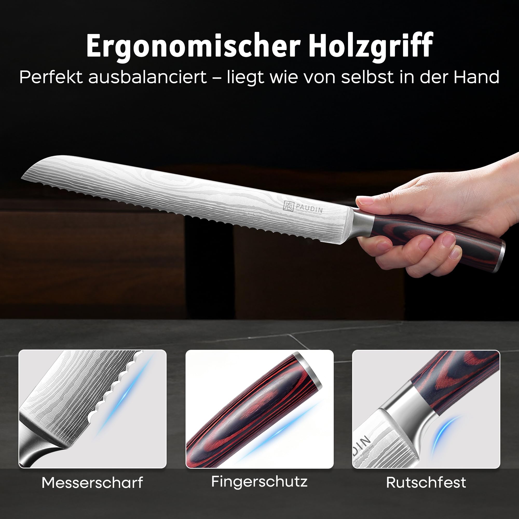 PAUDIN Brotmesser mit Wellenschliff 26 cm aus hochwertigem rostfreiem Edelstahl, extra scharfe Messerklinge mit ergonomischem Pakkaholzgriff 3