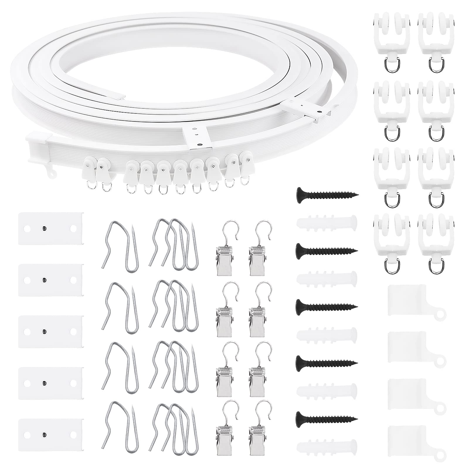 Swpeet 151PCS 5M Ceiling Curved Curtain Track Kit, Soft Windows Curved Track System, Metal Curtain Hooks & Clips, Snap-on Ceiling Brackets
