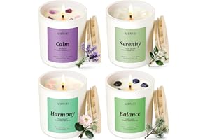 AOOVOO Calm Candles Set for Women - 4 Pack Candles for Home Scented, 28 oz 200 Hour Burn, Aromatherapy Candle with Crystals, Lavender Calm/Jasmine Serenity/Water Lily Pear Harmony/Patchouli Balance
