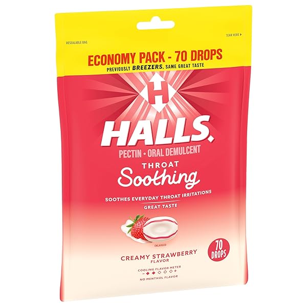 HALLS THROAT SOOTHING CREAMY STRAWBERRY THROAT DROPS, 70 DROPS