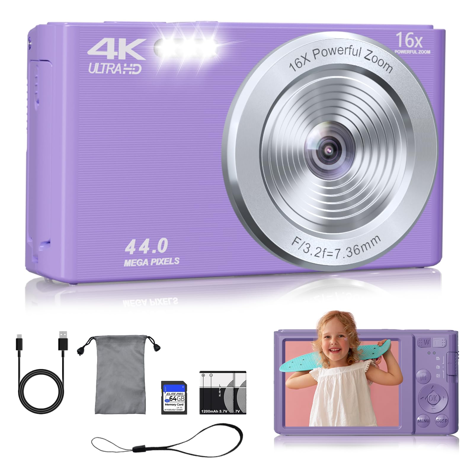 Digital Camera, 44MP FHD 4K Vlogging Camera for Kids Point and Shoot Cameras with 64GB Card, 16X Zoom Portable Compact Small Camera Gifts for Teens Boys Girls Adult Beginner