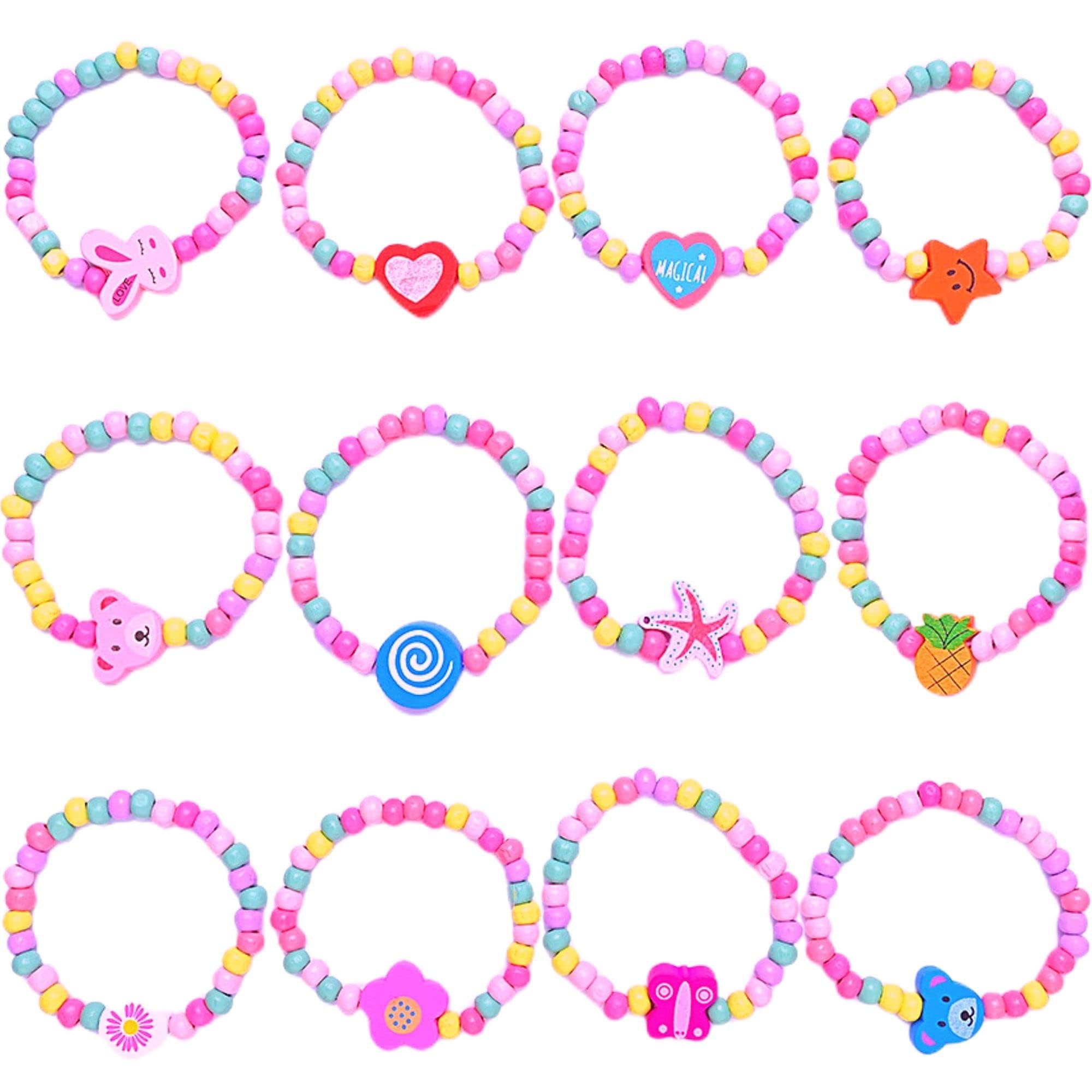 Yeefunjoy 12 Colourful Friendship Bracelets for Girls, Wooden Beaded Children's Bracelets, Little Princess Party Bag Fillers Gift for Kids Party