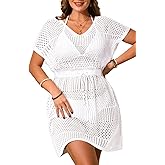 Aqua Eve Plus Size Swimsuit Cover Up for Women-Crochet Beach Dress V Neck Tie Waist Bathing Suit Cover Up