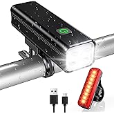 WOCBUY Bike Lights, 1200 Lumen USB Rechargeable LED Bike Light Set, Super Bright Bicycle Lights Front & Back Tail Light, Alum