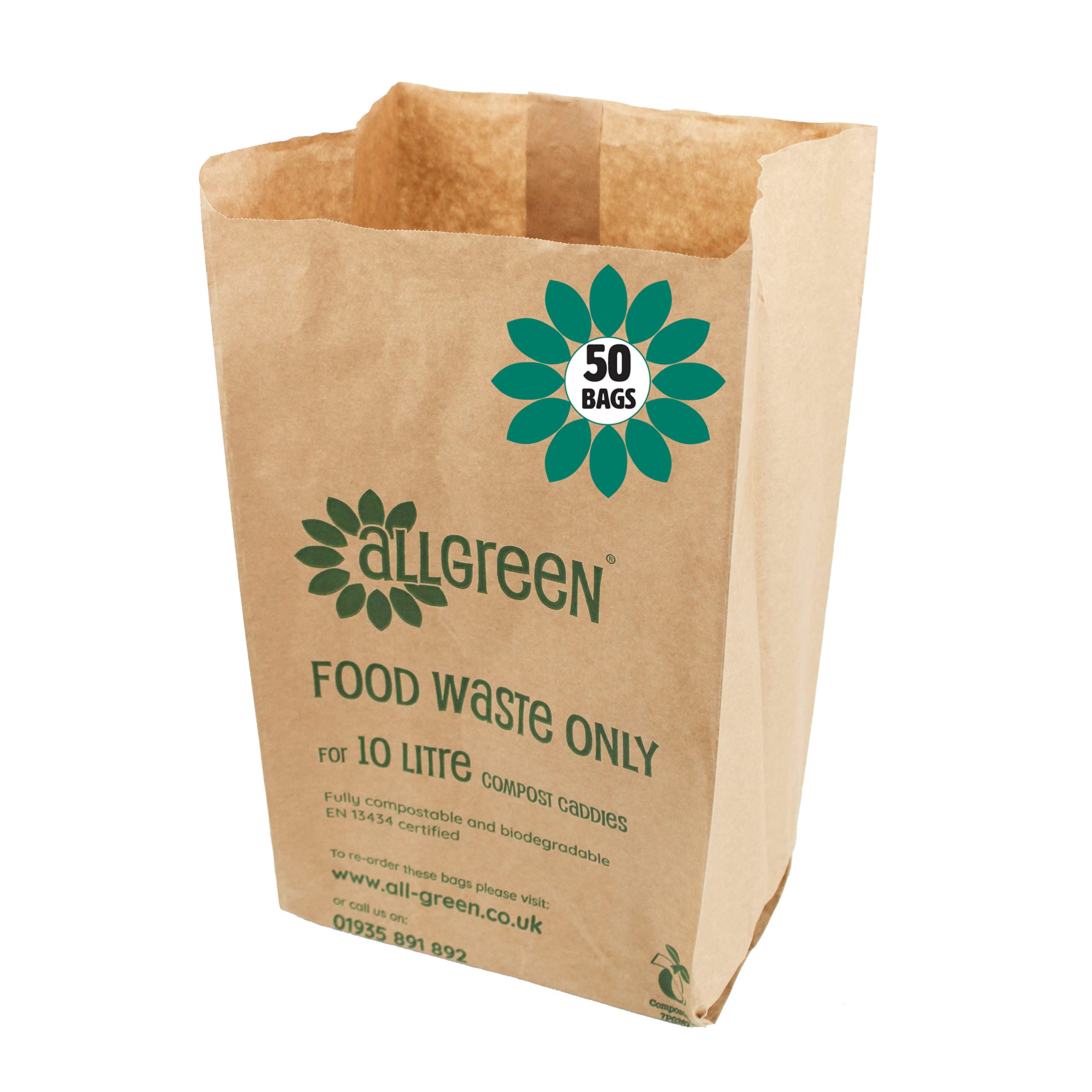 10 Litre x 50 Paper Compostable Bags Kitchen Caddy Liners - Food Waste Bin Liners - EcoSack 10L Biodegradable Bags with Composting Guide