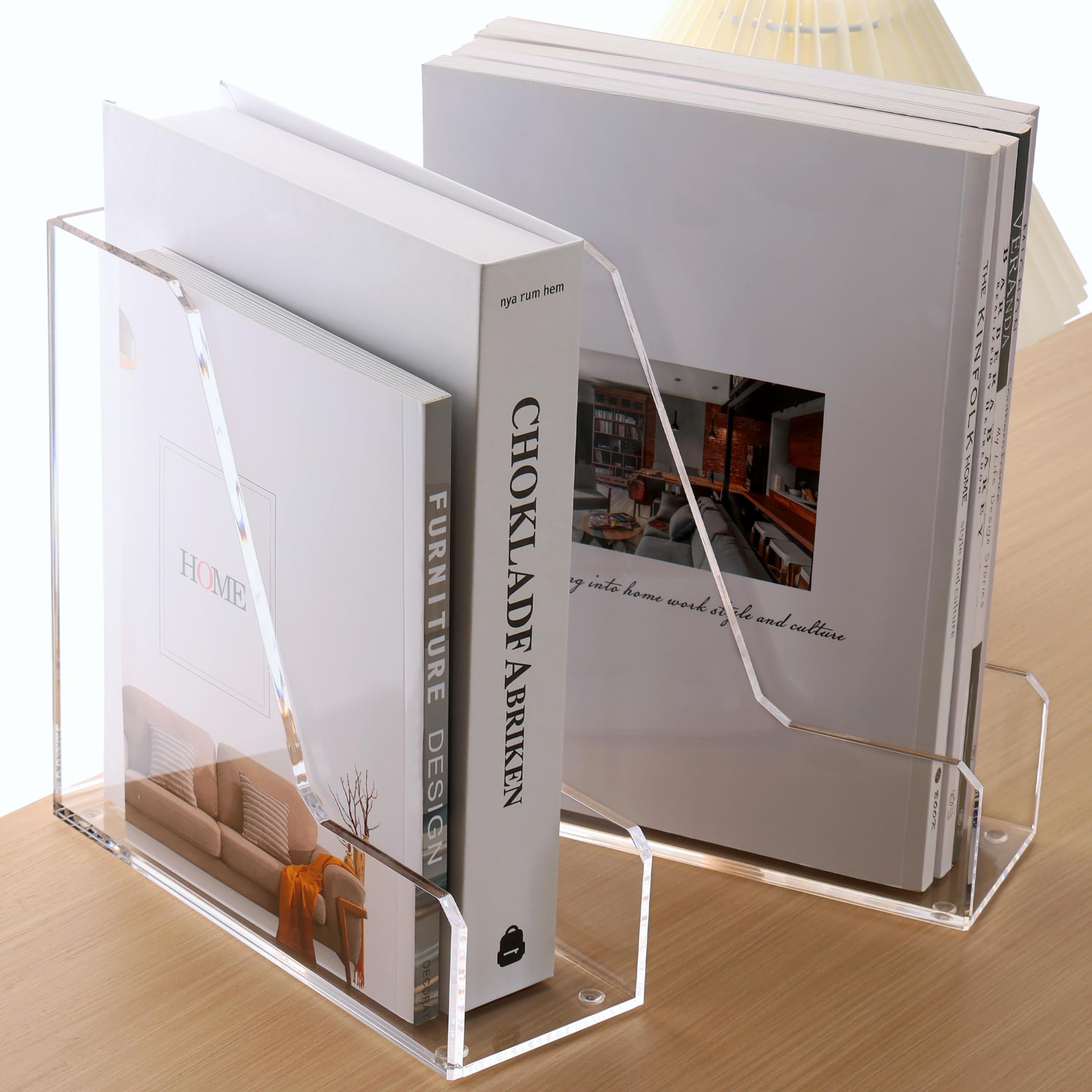 Photo 1 of HeZone Acrylic Magazine Rack File Holder Desk Organizers and Storage 2-Pack Small Clear Acrylic Vertical Magazine Holder Book Stand for Office Desk