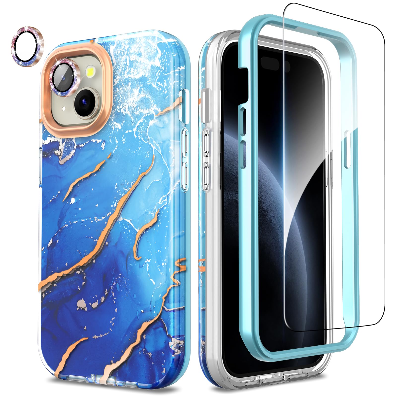 SHEDEER for iPhone 15 Case with Glitter Camera Protector + Screen Protector, Chic Anti-Yellowing Pattern, Shockproof Drop Protection Anti-Scratch Phone Cover iPhone 15 6.1'', Ocean Blue