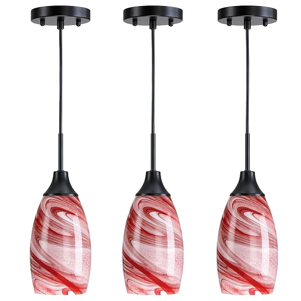 VIINEW MINI GLASS PENDANT LIGHT,3-PACK HANDBLOWN BURGUNDY MARBLE ART GLASS HANGING LIGHT 4.72″ OVAL CEILING HANGING LIGHT FIXTURE FOR DINING ROOM KITCHEN ISLAND CAFE FOYER HALLWAY