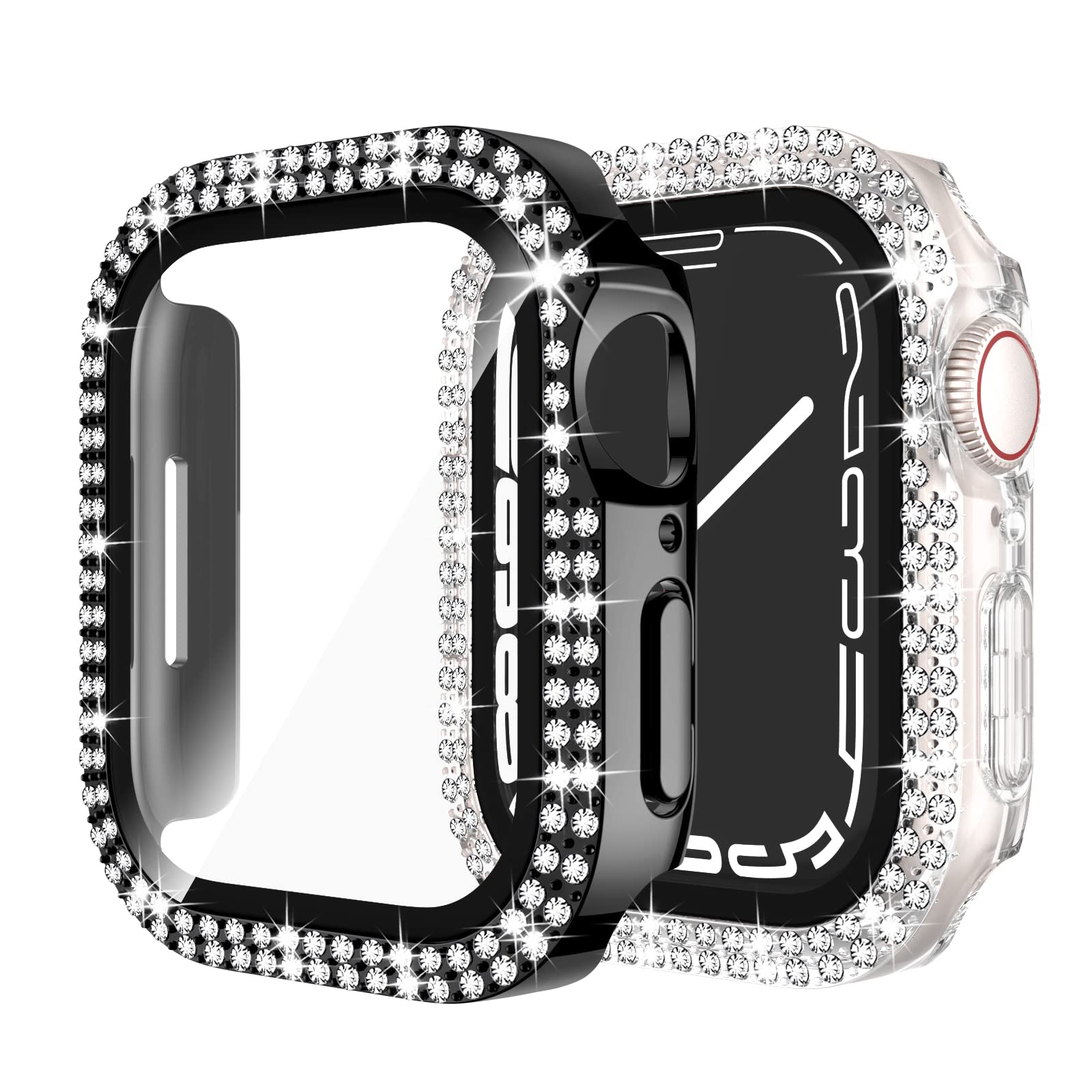 Recoppa Bling Case Compatible for Apple Watch Series 7 45mm with Tempered Glass Screen Protector, Hard Bumper Shockproof Anti-Scratch Full Protective Shiny Cover for iWatch 45mm(Black/Clear)
