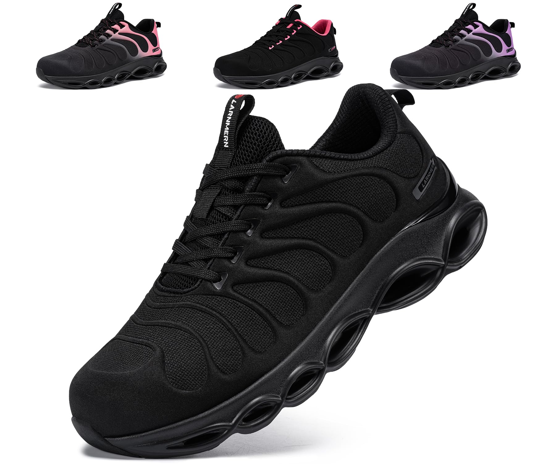Photo 1 of LARNMERN Steel Toe Shoes for Women Wide Lightweight Safety Shoes Sneakers Comfortable Steel Toe Sneakers Work Colorful Breathable Fashionable Footwear (8W, Black)