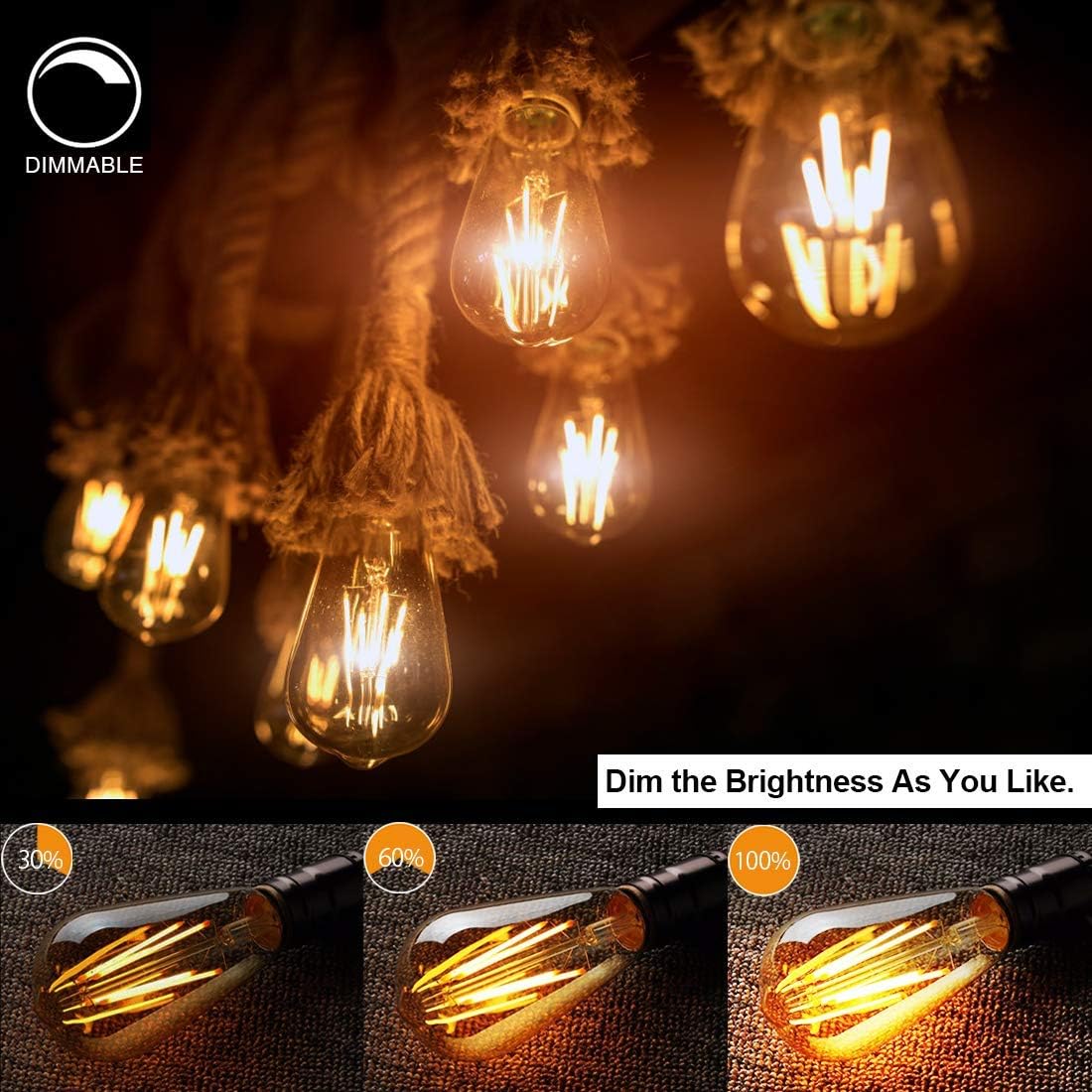 Modvera LED Antique Filament Bulb Edison ST64 Style 6 Watt, 2700K Vintage Warm White Color Temp E26 Base Dimmable Amber Glass Finish UL Listed RoHS Compliant - 6 Pack - - 