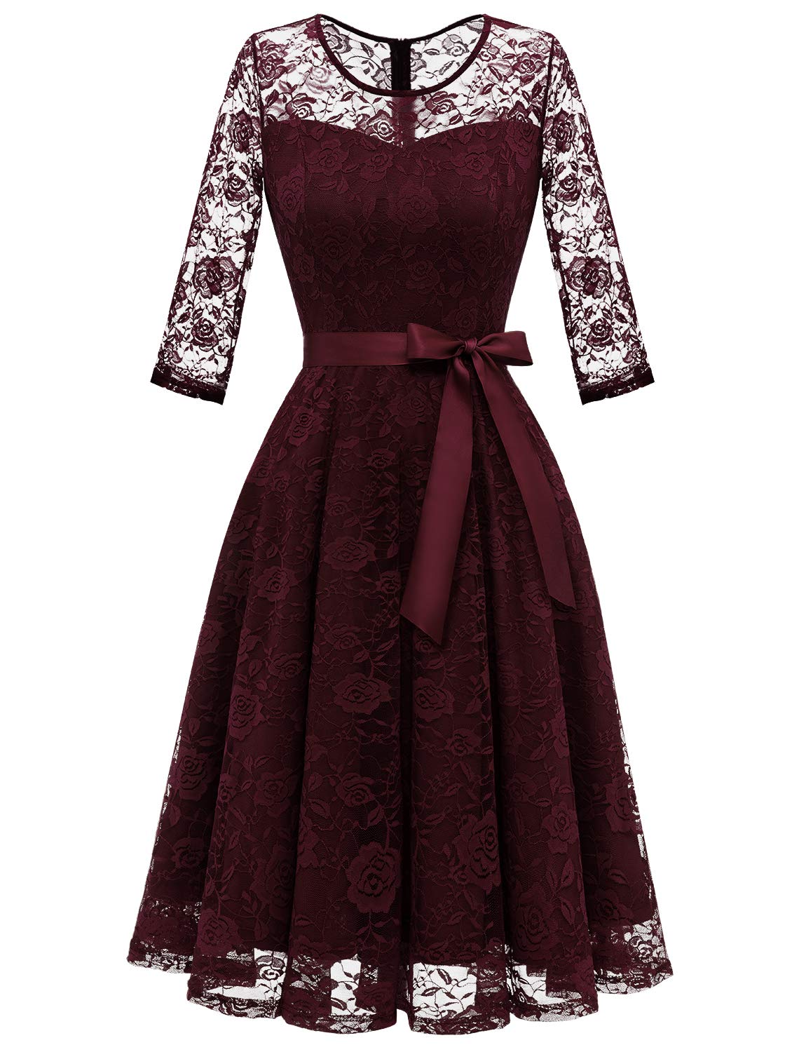 Photo 1 of Dressystar DS0017 Women's Elegant Floral Lace Dress 3/4 Sleeves Bridesmaid Dresses with Illusion Neckline Burgundy L