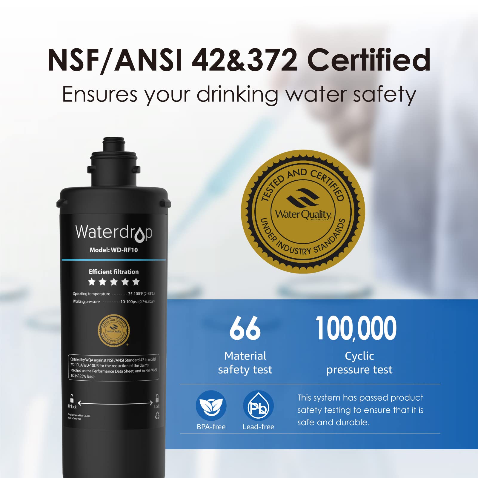 Waterdrop RF10 Replacement Filter Cartridge for 10UA/10UB Under Sink Water Filter, Reduces PFAS, PFOA/PFOS, Lead, Chlorine, Bad Taste & Odor, NSF/ANSI 42 Certified, 8K Gallons High Capacity