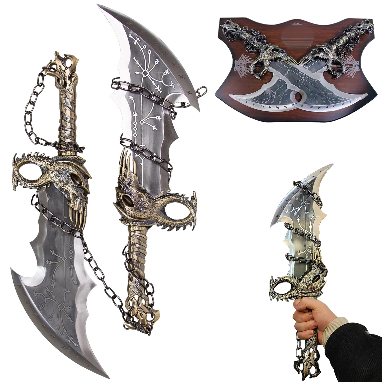 Kratos Lame Del Caos God Of War - Replica 1:1 In Metallo Set Di 2 Spade Con Targa Espositiva - 52 Cm - Per Cosplay E Collezionisti