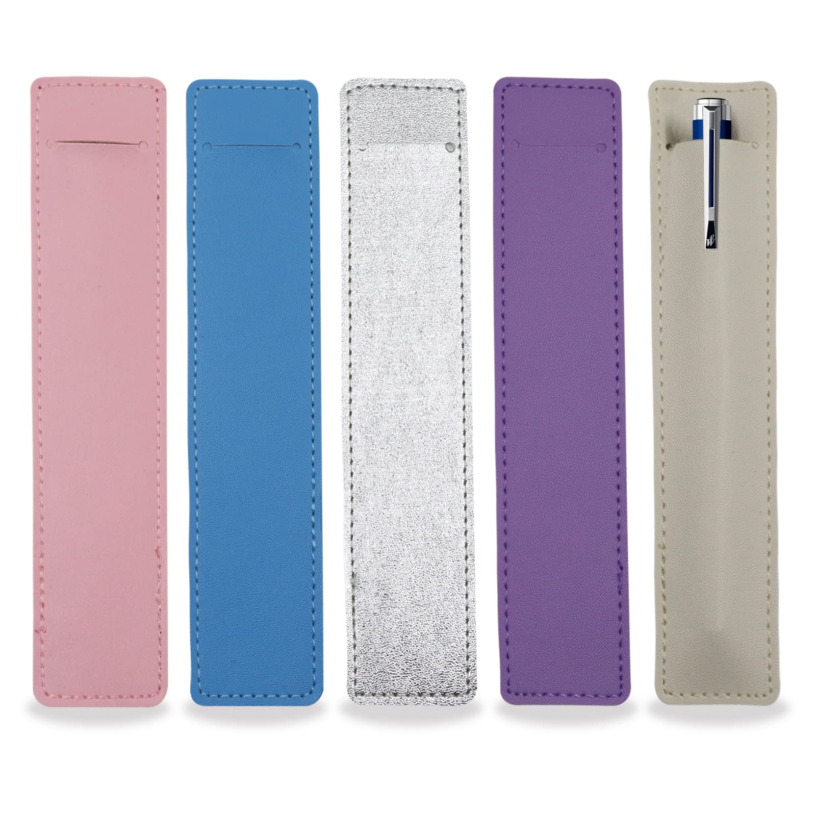 Fatiya 5Pcs Leather Single Fountain Pen Case, Soft Pen Sleeve Pouch for Men Women, Ballpoint Pencil Protective Cover Holder for Office, School, Business Gift (Blue, Beige, Purple, Silver, Pink)