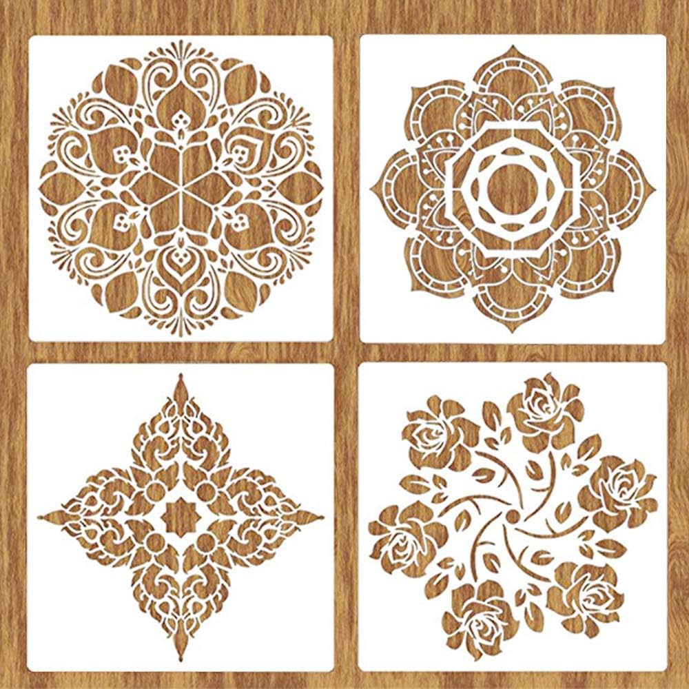 Large Stencils 4 Pack Reusable Painting Template, 12x12 Inch Stencils for Painting on Wood, Wall, Floor, Tile, Fabric, Furniture Decor, Mandala Stencils for Wood Burning, Carving, Craft, DIY Project