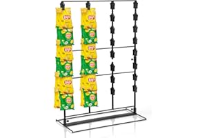 AFOROEOA 4-Row Potato Chip Rack Display with 64 Clips, Chip Stand Display for Party, Metal Retail Display Snack Rack Display Countertop Chip Bag Holder for Chips Candy Snacks(24x16.5x8inch)