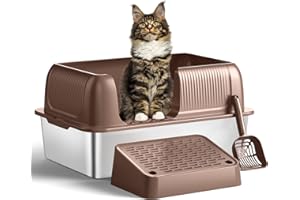 AMAI KETO Stainless Steel Litter Box,Extra Large Litter Box with Lid for Big Cats, Metal Litter Box High Sided, Kitty Litter Box with Scoop, No Odor, Non-Sticky, Anti-Leakage (Coffee)