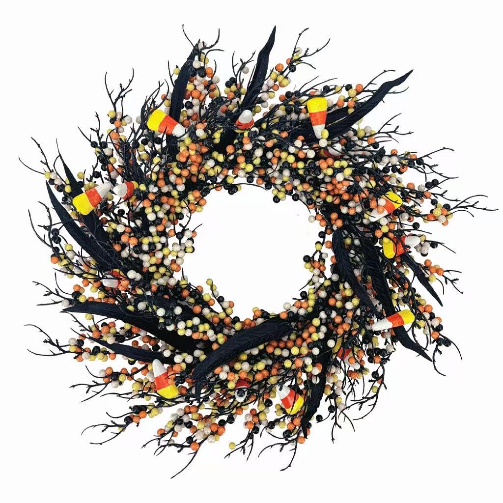 Photo 1 of 18 Inch Halloween Wreath for Front Door - Orange Black Wreath with Berries Candy & Black Leaves, Spooky Halloween Decor for Indoor Outdoor Fireplace Porch Window Party