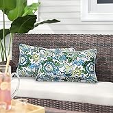 Pack of 2 Outdoor Waterproof Lumbar Rectangular Throw Pillow with Insert, Home Decorative Toss Pillows All Weather Cushion for Patio Garden Car Office (12x20 Inch, Botanical Blue Green)