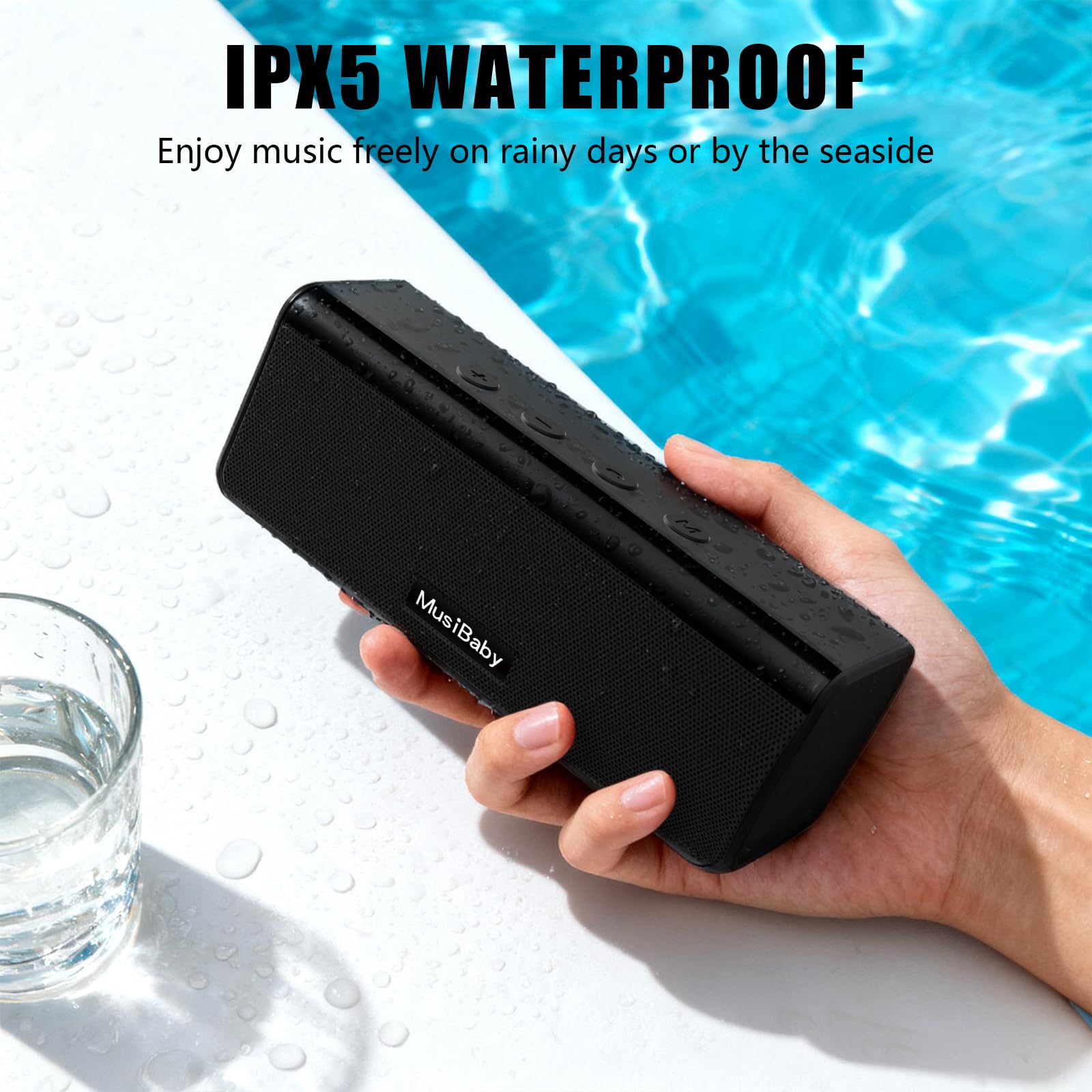 Bluetooth Speaker, MusiBaby M71 Speaker, IPX5 Stereo Sound Waterproof Portable Speakers, Dual Pairing, 24HRs Playtime for Indoor/Outdoor - Black
