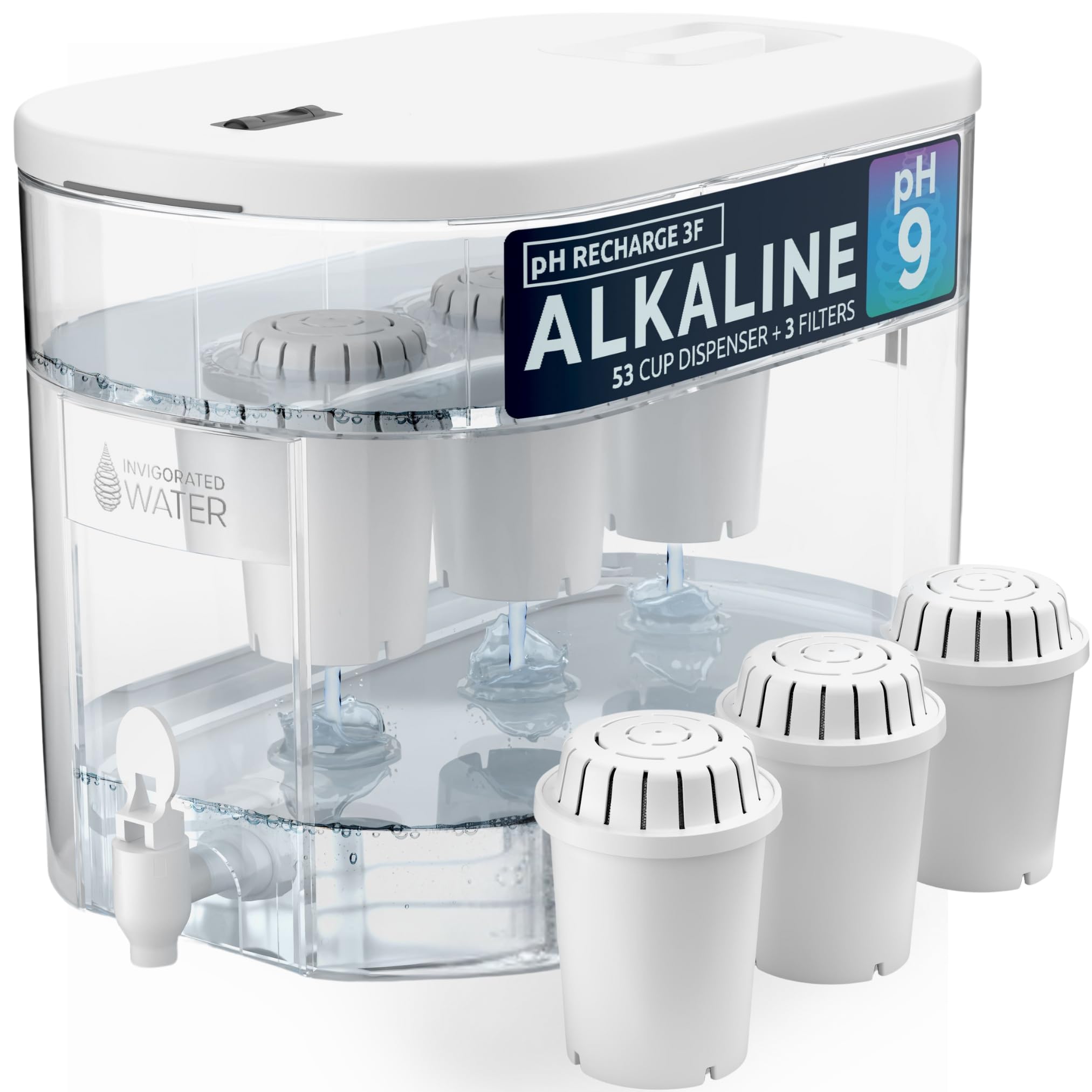 pH Recharge 3F Alkaline Countertop Water Filter Dispenser - 3.3 Gallons Water Jug Dispenser - Removes Fluoride Chlorine & Impurities - Improves Water pH - Clean Healthy Drinking Water - 12.5 litres