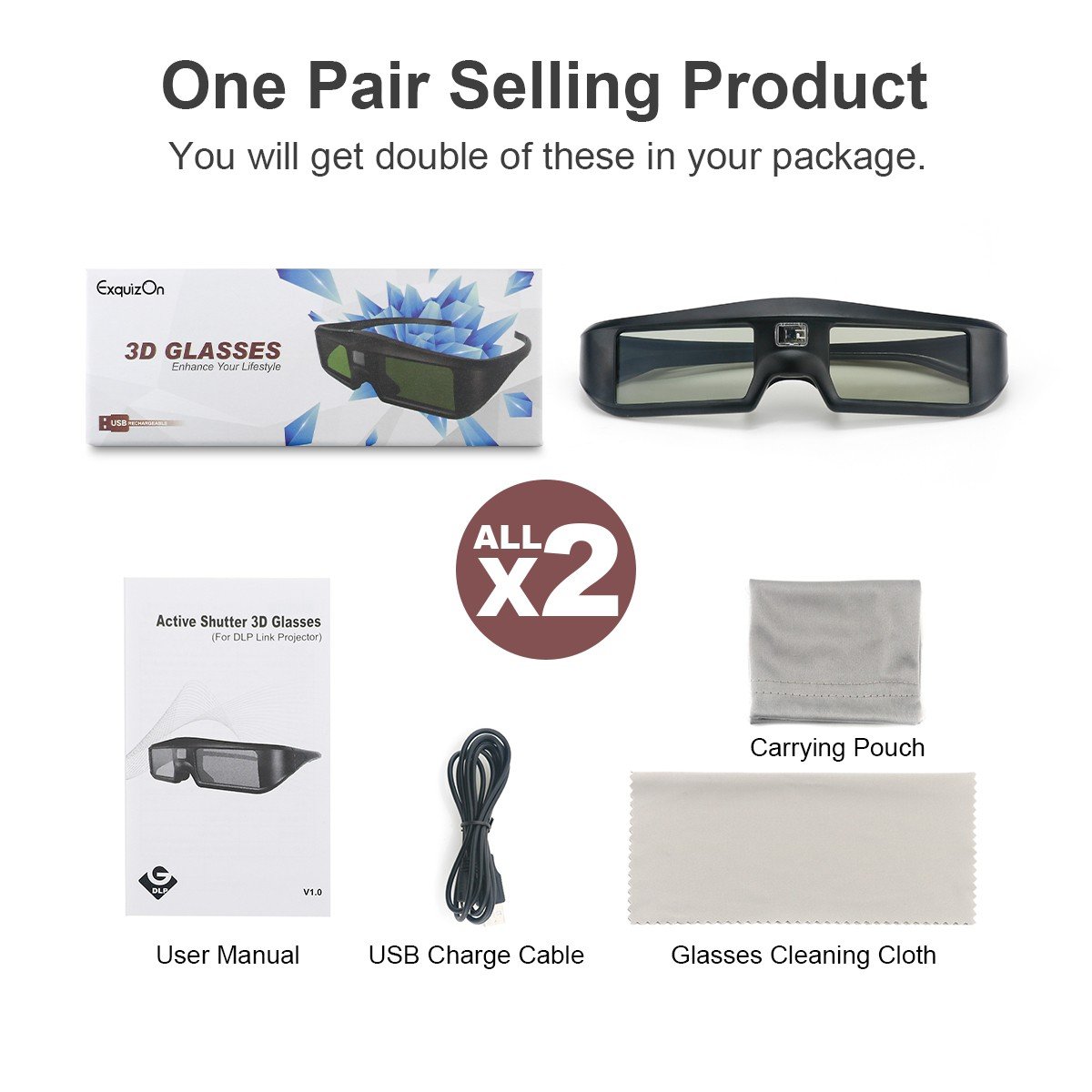 Exquizon 2 Packs Ultra-Clear HD 96-144Hz DLP LINK 3D Active Rechargeable Shutter Glasses for All 3D DLP Projectors BenQ, Optoma, Dell, Mitsubishi, Samsung, Acer, Vivitek, NEC, Sharp, ViewSonic & Endle