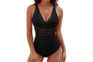 BMJL Women's Tummy Control Swimsuits Mesh Sexy One Piece Bathing Suits Slimming V Neck Swimwear
