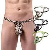 VORHELOVE Men's Sexy Thong Underwear T Back Bikini Briefs Low Rise G String Lingerie Leopard Print Panties 3 Pack