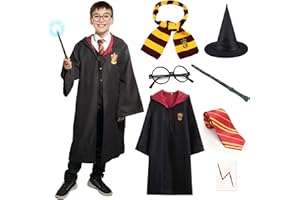 FIGALL Halloween Wizard Costume Set,Cosplay Accessories 7PCS Include Wizard's Robe, Wizard's Hat, Glasses, Wand, Knitted Scarf, Striped Tie, Tattoo Sticker.Perfect for Masquerade Party and Magic Themed Party