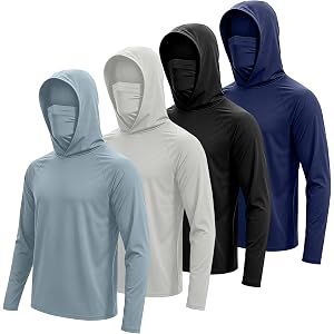 CXQVRLIXO 4 Pack Men Sun Hoodie, UPF 50+ Casual Sweatshirt with Built-in Face Mask, Lightweight Tops for Outdoor Running Gym