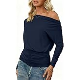 CSDAJIO Off The Shoulder Asymmetrical Tops for Women Long Sleeve Ruched Dolman Shirt Going Out Outfits