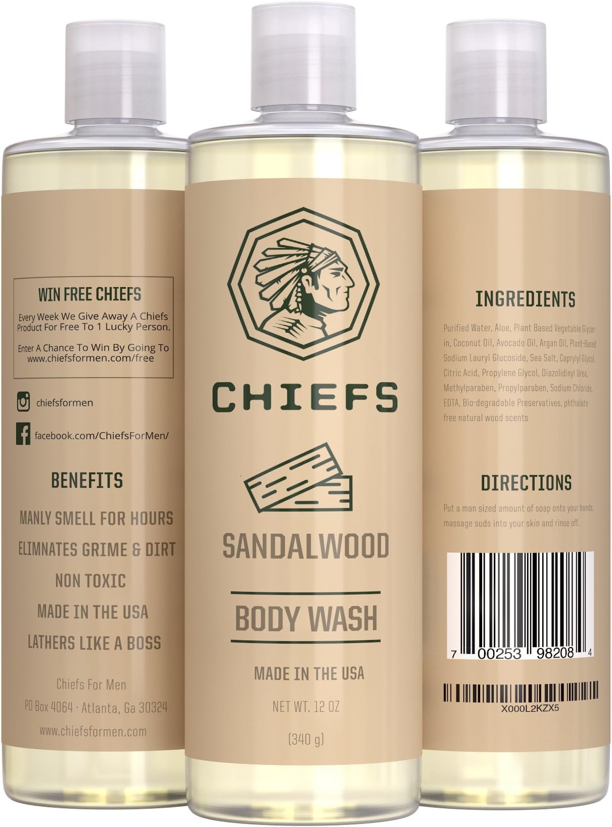 3 bottles of Sandalwood Men's Body Wash - The best moisturizing natural body wash for men - A shower gel 100% made in the USA. Lathers amazing with a long lasting scent (3 Bottles)