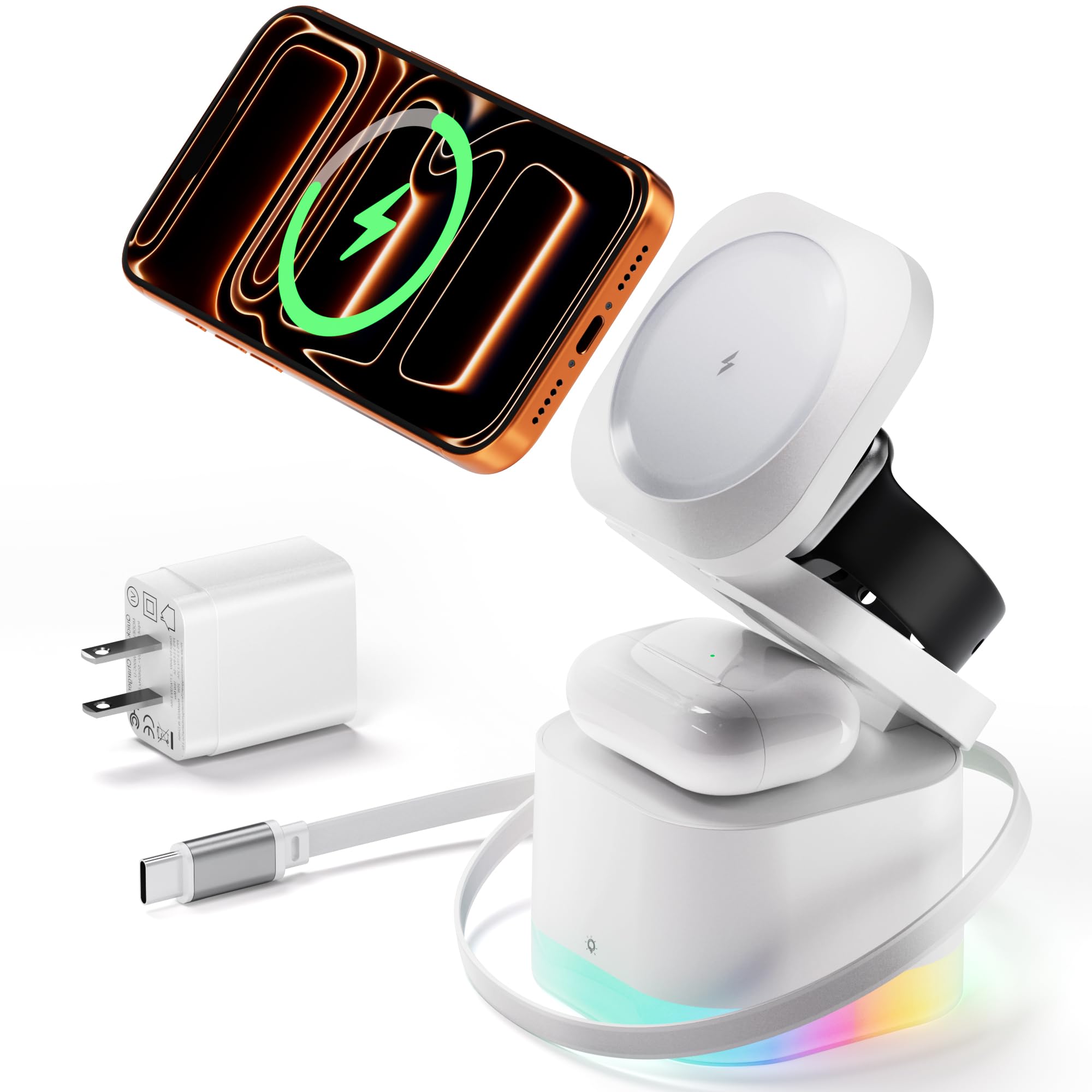 Photo 1 of 5 in 1 Wireless Charger, Foldable Wireless Charging Station with Night Light for Apple Magnetic Charger, Retractable Cable Fast Charger Stand for iPhone 17/16/15/14/13/12, Apple Watch, AirPods Pro 3