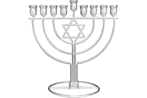 Ner Mitzvah Hanukkah Menorah with Jewish Star - Fits All Standard Chanukah Candles - Sleek Wireframe Silver Chanukah Menorah Modern Davids Star Design - 7" High