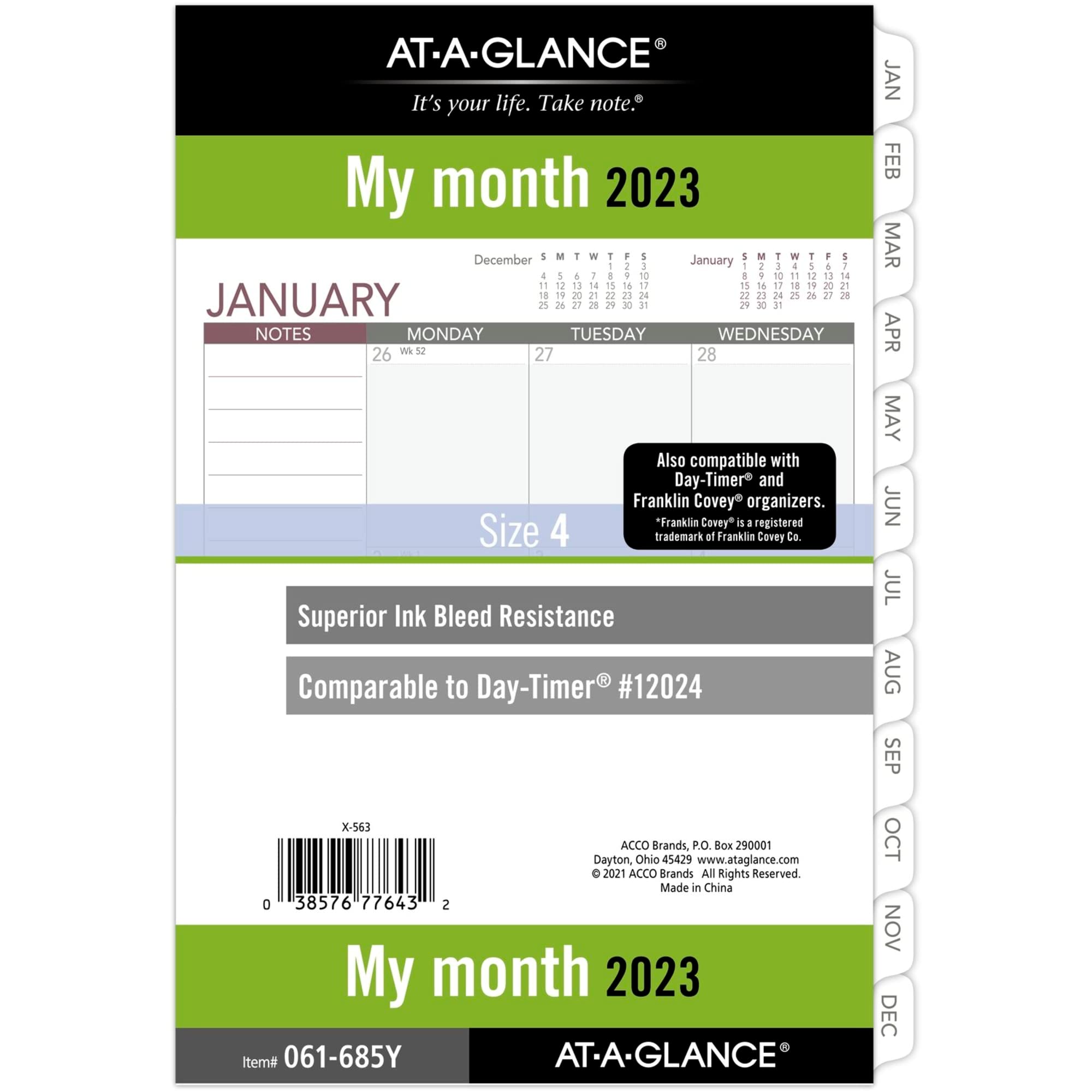 At-A-Glance 2023 Monthly Planner Refill, 12024 Day-Timer, 5-1/2" x 8-1/2", Size 4, Desk, Unruled Blocks, Loose Leaf, Tabs (061-685Y), 061-685Y-23, Black, 5.5 inches X 8.5 inches