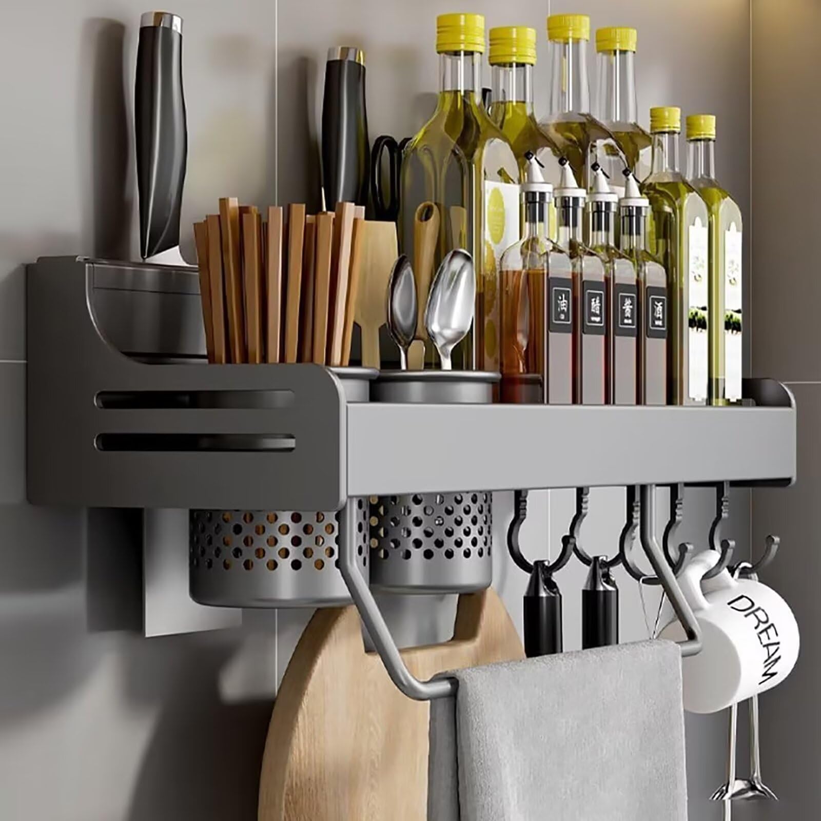 ZOKT Spice Rack - Wall Mounted Kitchen Storage, Grey, 40cm