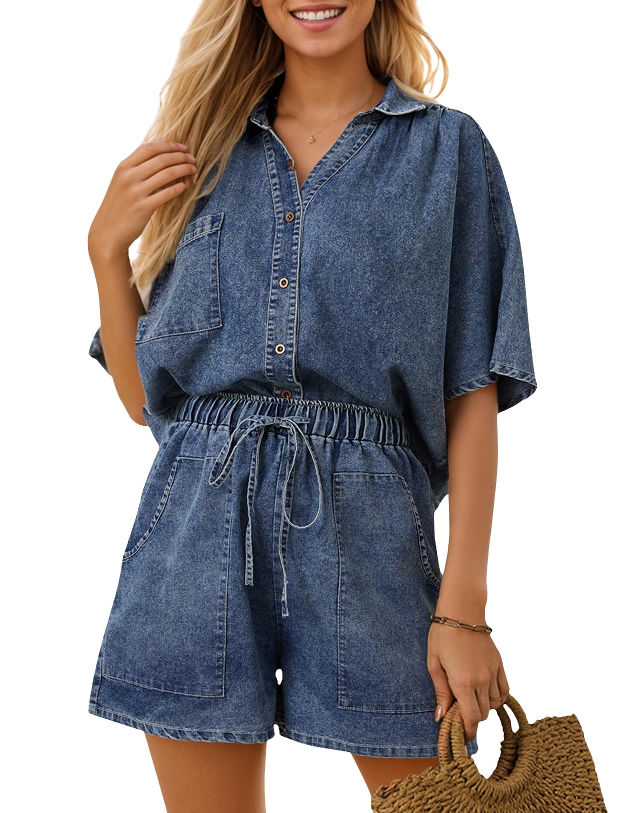 Photo 1 of **MISSING TOP**Zilcremo Womens 2 Piece Outfits Summer Denim Sets Short Sleeve Button Down Crop Jean Shirts High Waist Denim Shorts Sets Darkblue Medium