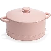 Paris Hilton Iconic Ceramic Stoneware Casserole Dish With Lid, Oven Safe Up To 450&deg;F, Dishwasher &amp; Microwave Safe, 28oz, Pink with Embossed Heart Design