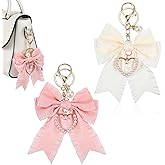 APLZGMG 2Pcs Bow Keychain Charm Set (Beige + Pink),Bow Keychain Bag Charm, Pearl Bowknot Purse Charms for Women, Cute Handbag & Backpack Keychains for Car Keys, Handbag Accessories