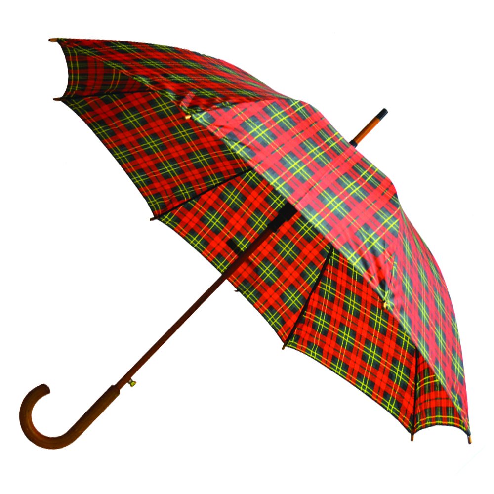 Rainbrella Classic Auto Open Umbrella with Real Wooden Hook Handle, Red/Green Plaid, 46"