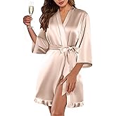 Ekouaer Women's Satin Robes Silk Kimono Bath Robe Short Ruffled Hem Bride Bridesmaid Sleepwear with Pockets