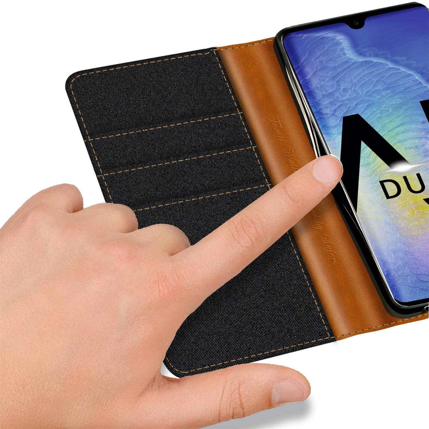 Verco Phone Wallet Case compatible with the Huawei Mate 20, Canvas Faux Leather Book Cover for the Mate 20 Flip Case Bag Hinged - Blue - Image 4