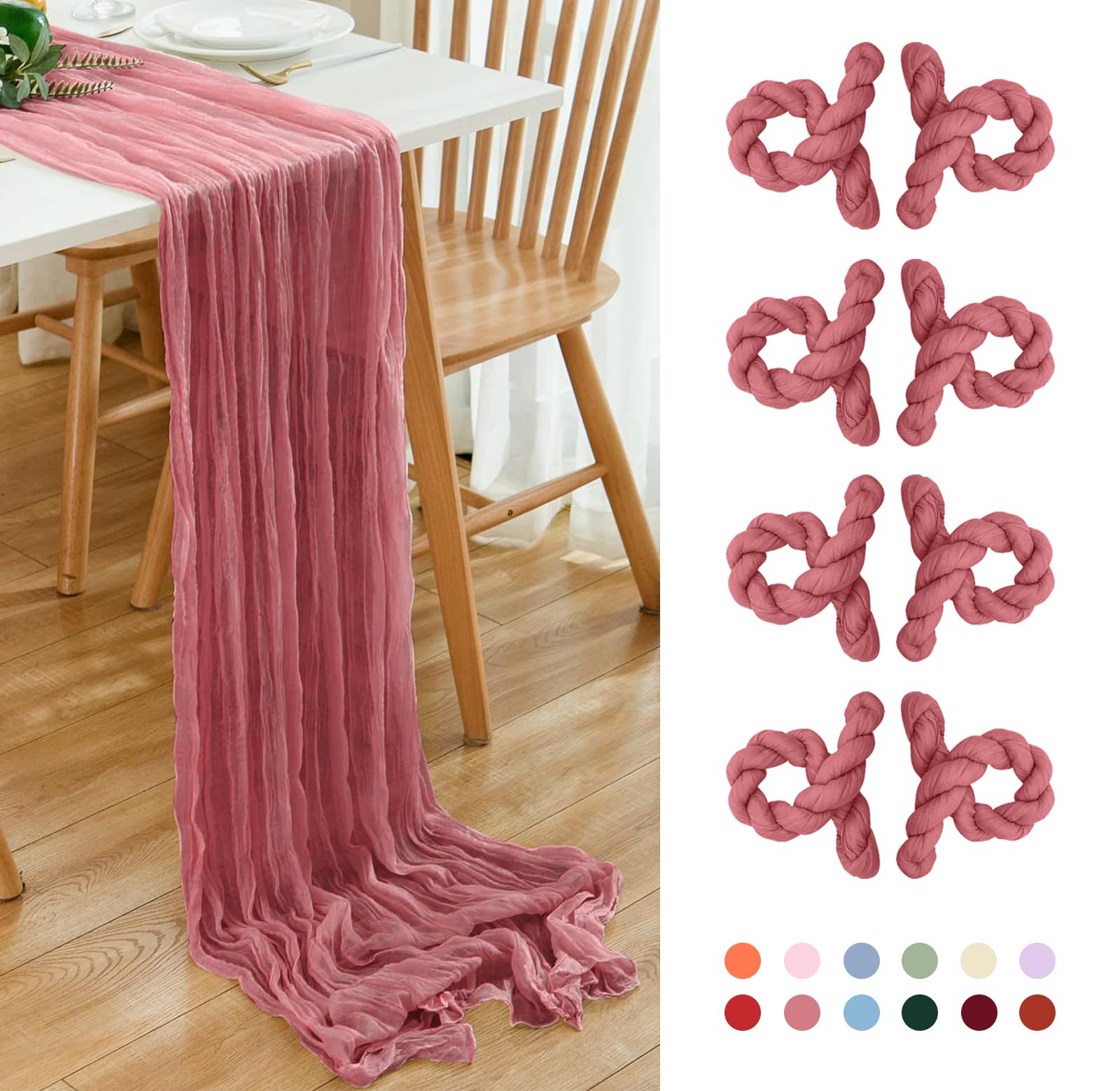 Photo 1 of 8 Pack 10Ft Table Runner 35x120 inch Dusty Rose Boho Gauze Table Cheese Cloth Long Wrinkled Sheer Table Runner for Wedding Bridal Shower Birthday Party Table Decor