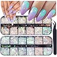 24 Grids Holographic Nail Sequins and 1 Pcs Tweezers,Iridescent Mermaid Flakes Ultra-Thin Colorful Flakes Glitter Sticker,DIY Face Body Eyes for Nail Art Decoration