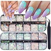UARUOGP 24 Grids Holographic Nail Sequins and 1 Pcs Tweezers,Iridescent Mermaid Flakes Ultra-Thin Colorful Flakes Glitter Sticker,DIY Face Body Eyes for Nail Art Decoration
