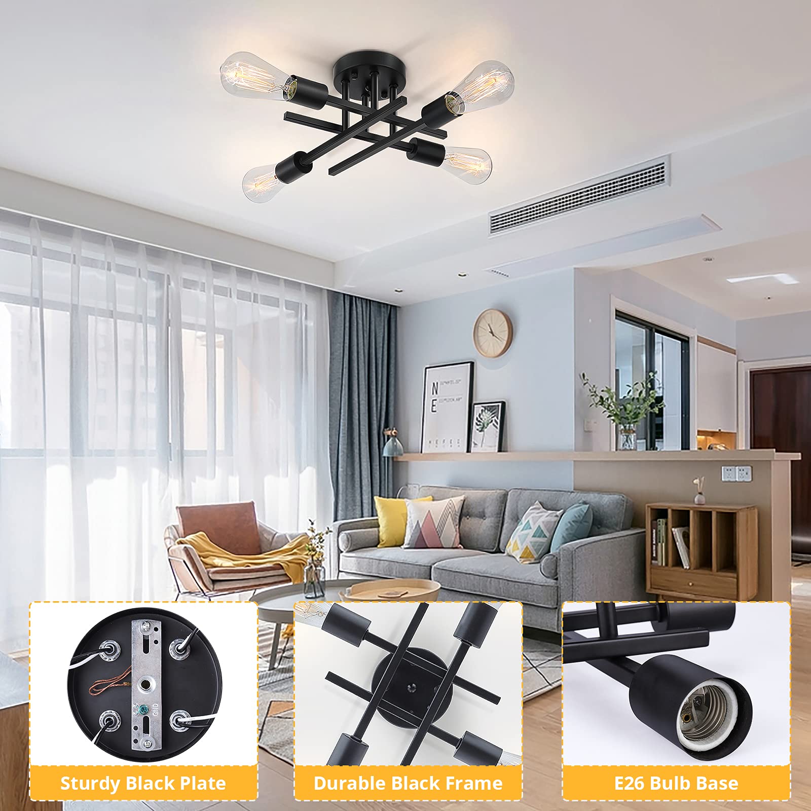 SunRider Industrial 4-Light Semi Flush Mount Ceiling Light Fixture, Modern Farmhouse Lights Matte Black, Rustic Sputnik Chandelier for Bedroom Foyer