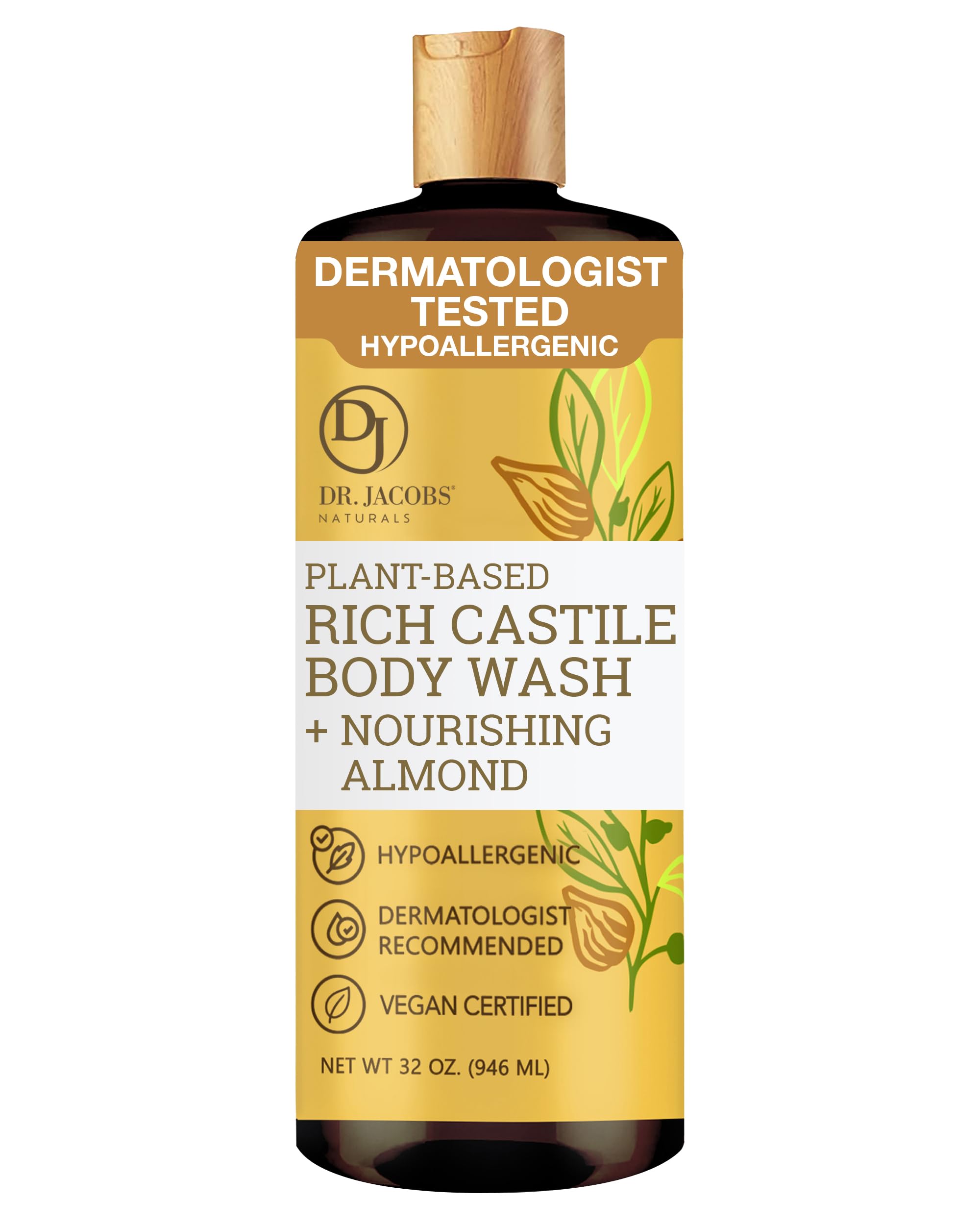 DR.JACOBS NATURALS Dr. Jacobs Naturals Pure Castile Liquid Soap - Natural Face and Body Wash, Almond Honey 32 oz.