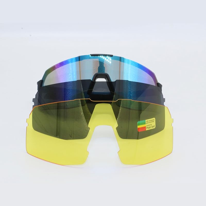 Gafas de Sol Polarizadas con 3 Lentes Intercambiables | Gafas de ciclismo | Bici de Montaña | Ciclismo | Running | UV 400 Anti Viento - Hombre y Mujer (Azul)